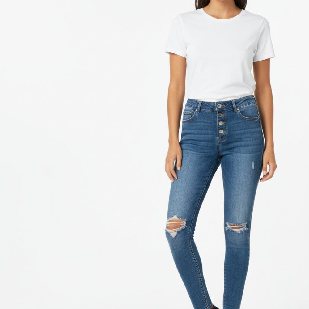 Ashley Mason Distressed Skinny Jeans Size 13 High Rise Button Fly Stretch Denim